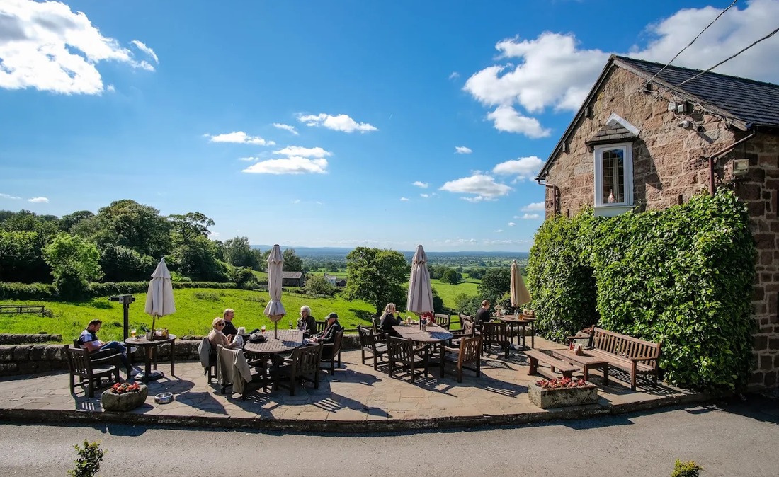 The Pheasant Inn, Higher Burwardsley — terrace and countryside view